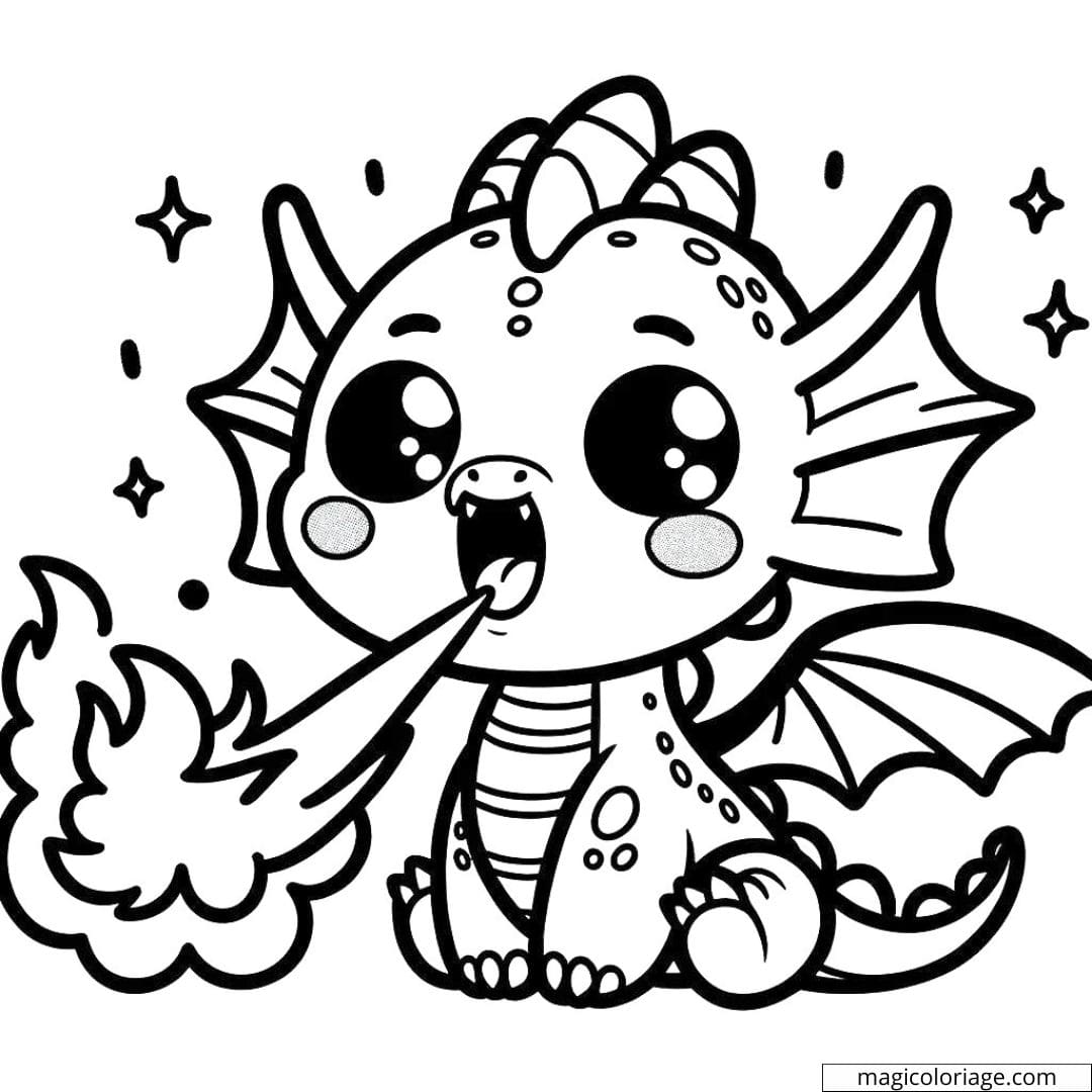 Coloriage de petit dragon Disney Kawaii qui souffle du feu.