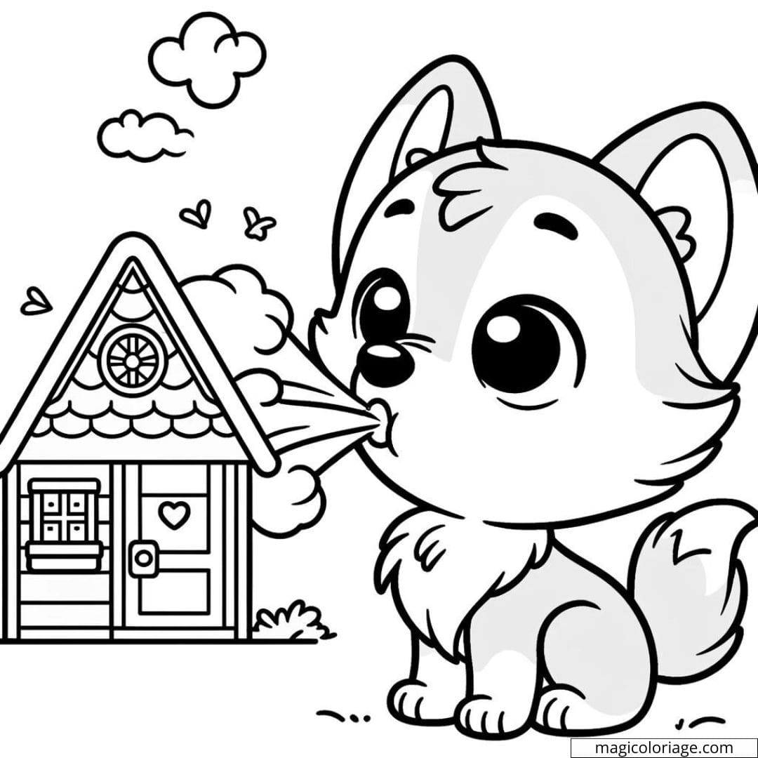 Coloriage de petit loup Disney Kawaii soufflant sur une maison.