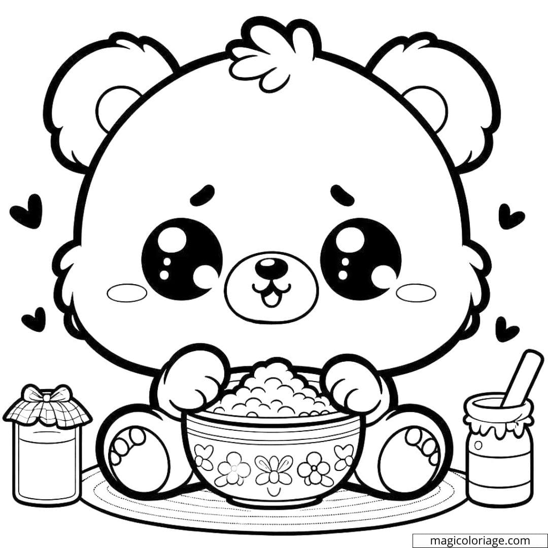 Coloriage de petit ours Disney Kawaii mangeant du porridge.