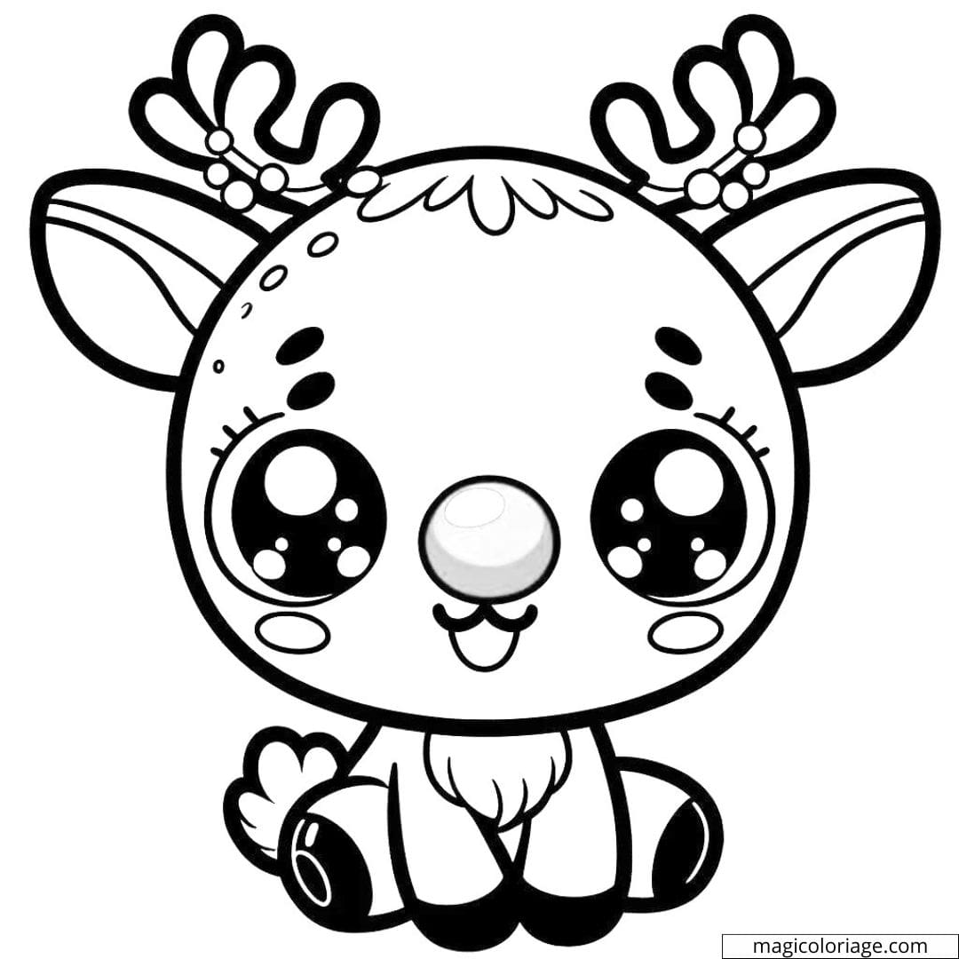 Coloriage de petit renne Disney Kawaii avec un nez rouge.