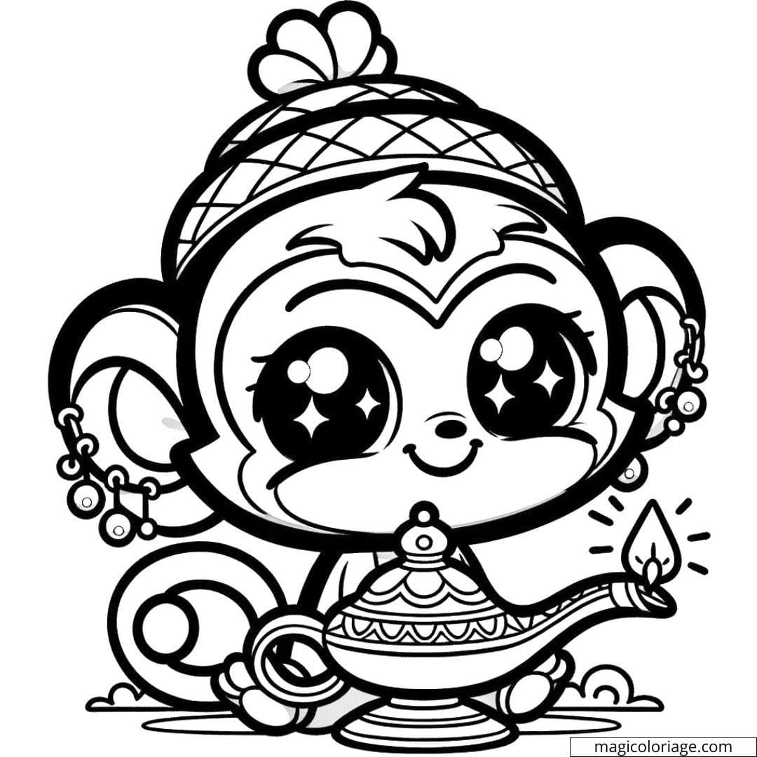 Coloriage de petit singe Disney Kawaii avec une lampe magique.