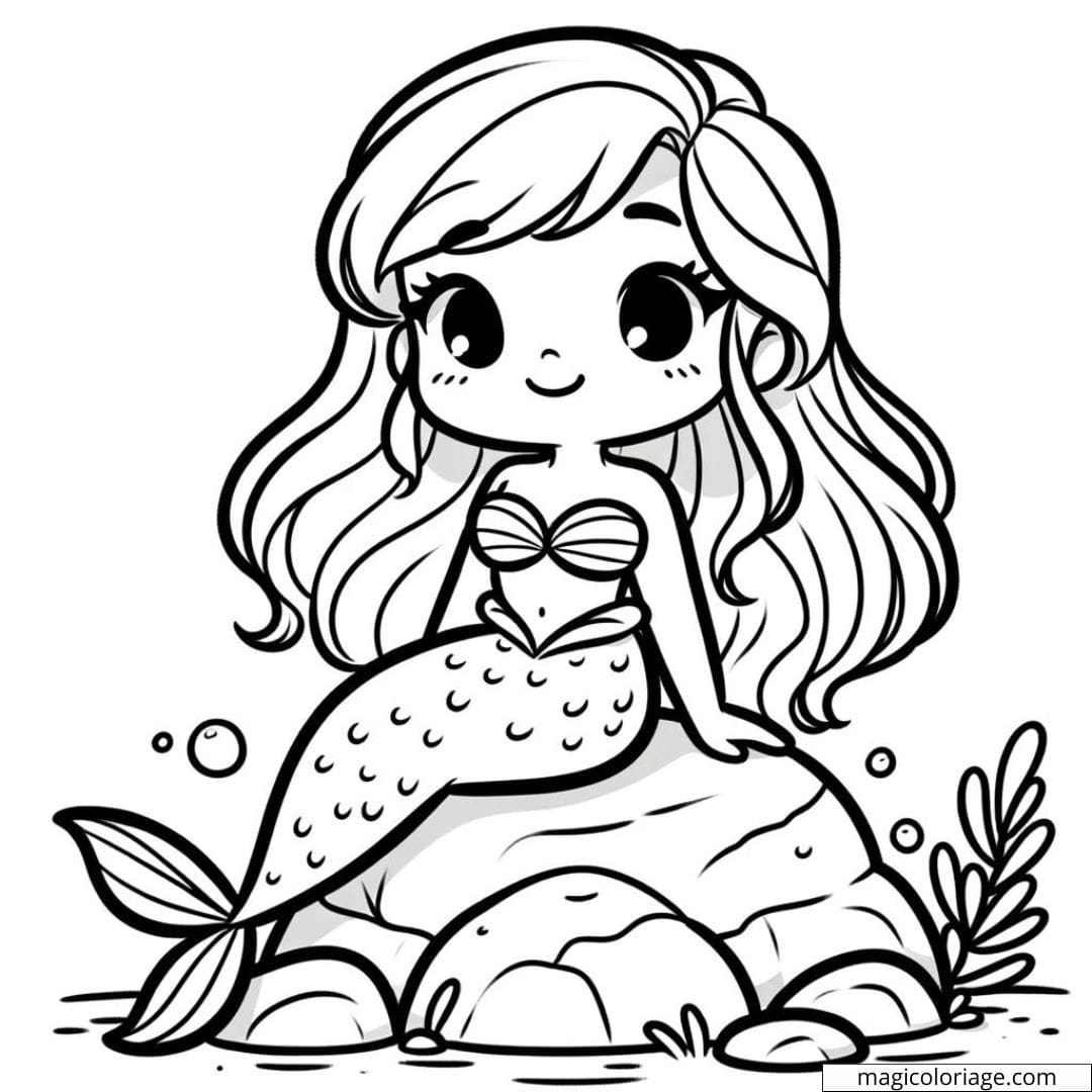 Coloriage de petite sirène Disney Kawaii assise sur un rocher.