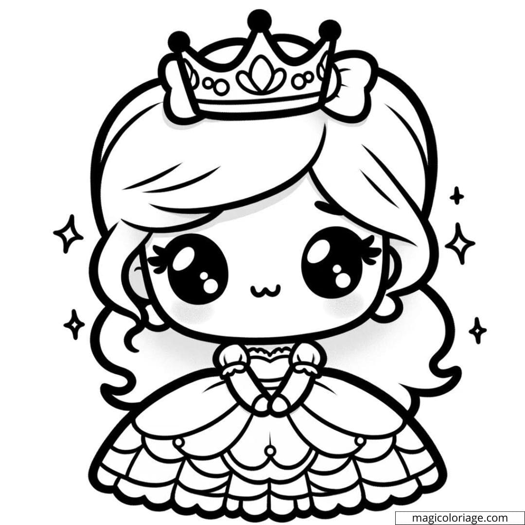 Coloriage de princesse Disney Kawaii avec une couronne.