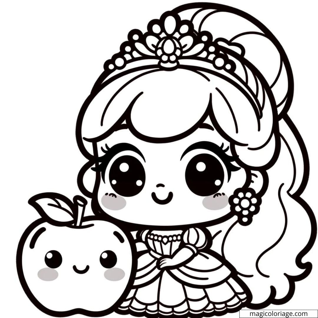 Coloriage de princesse Disney Kawaii avec une pomme.