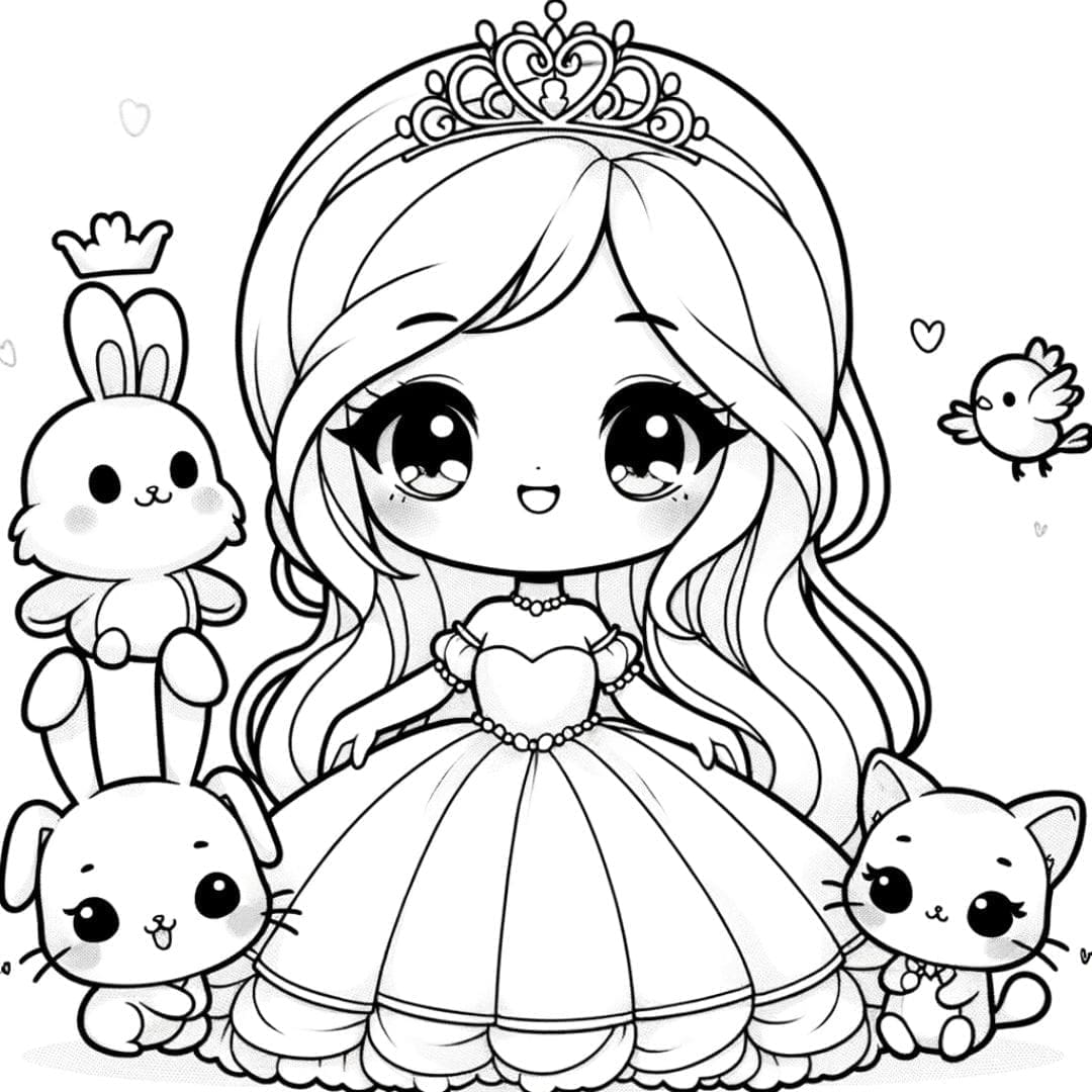Dessin à colorier de princesses de conte de fées en style kawaii.