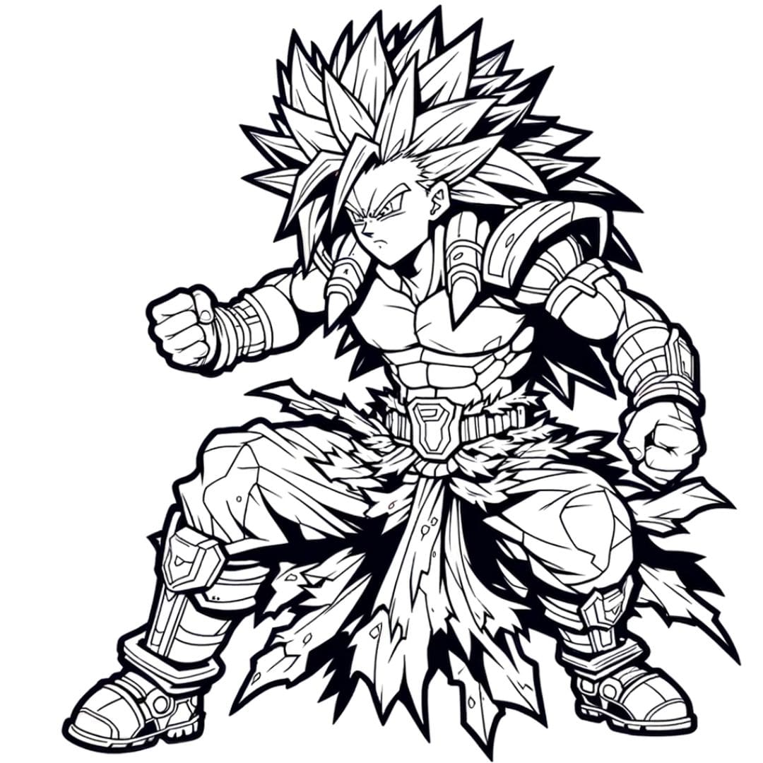 Dessin à colorier d'un guerrier super saiyan en position de combat