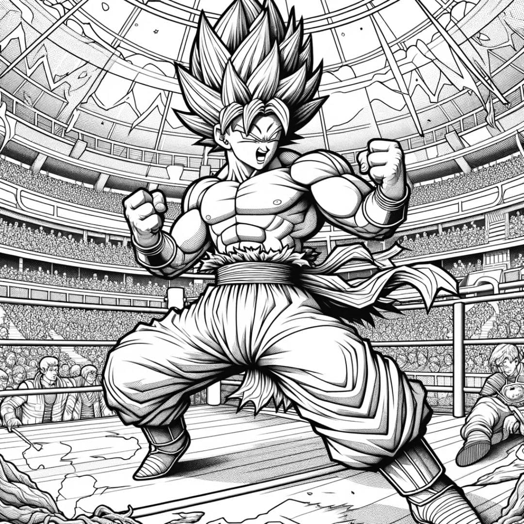 Super Guerrier démontrant sa puissance sur le ring lors d'un tournoi de combat, entouré d'une foule enthousiaste