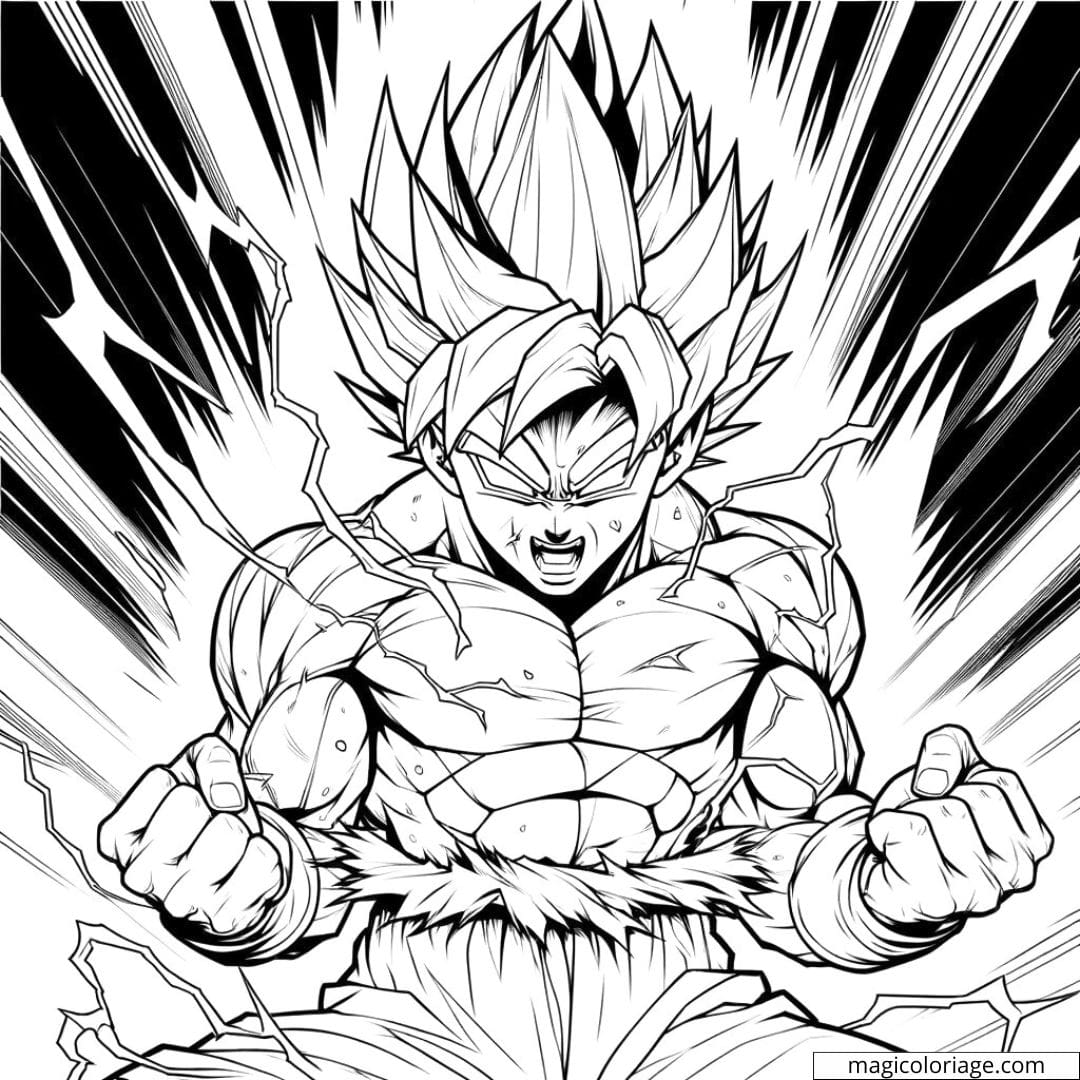 Coloriage Super Sayan en pleine attaque, aura visible