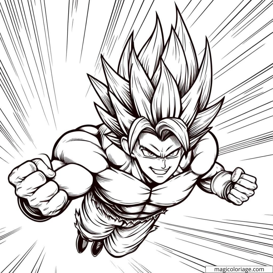 Coloriage Super Sayan en vol, cheveux en pointe