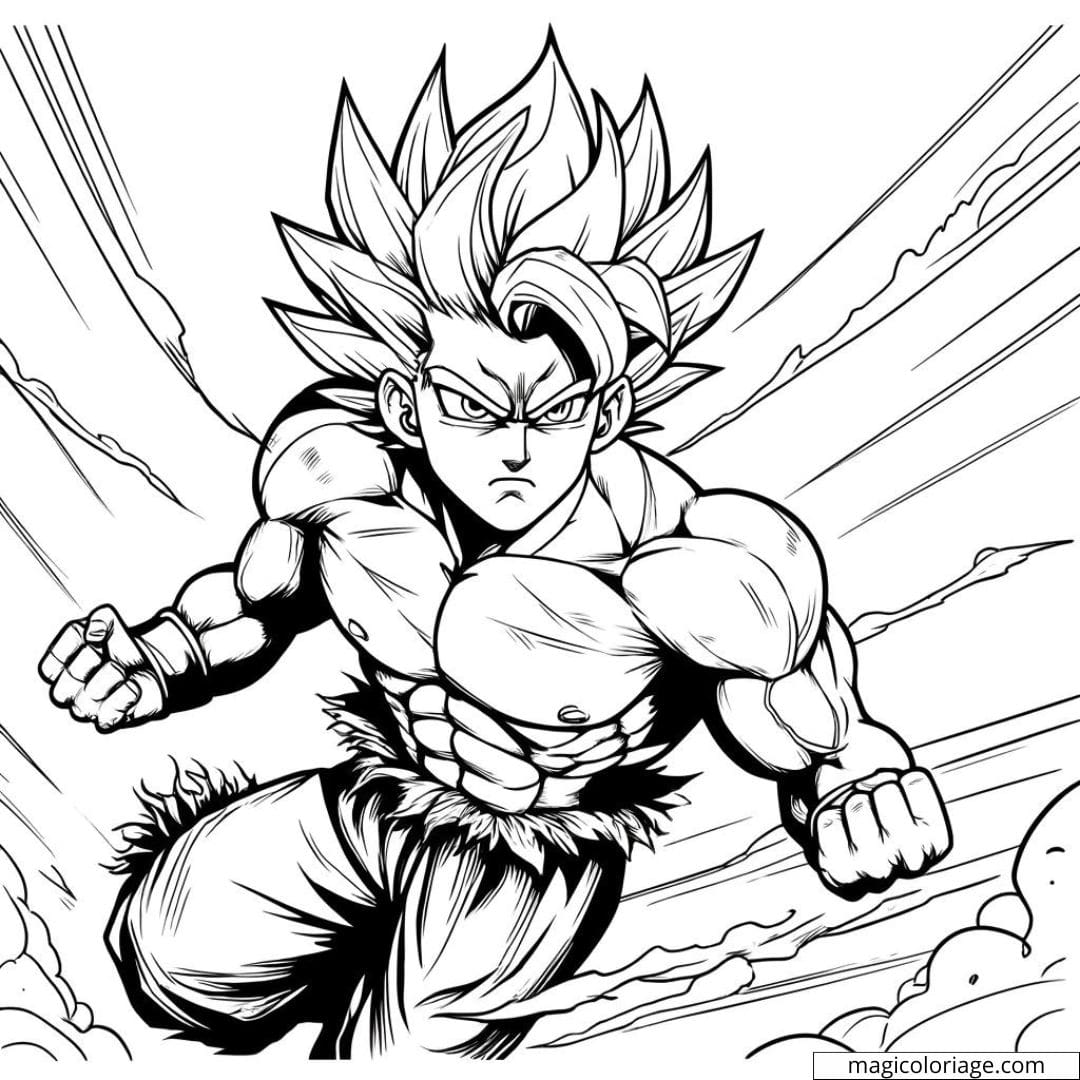 Coloriage Super Sayan en vol, cheveux levés
