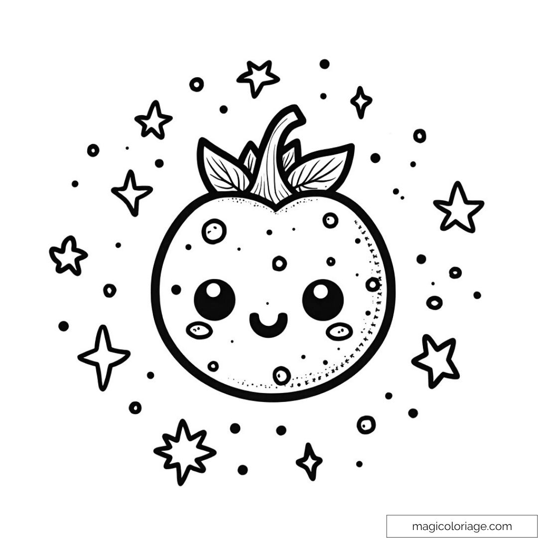 Tomate kawaii à colorier avec des étoiles et un visage souriant.