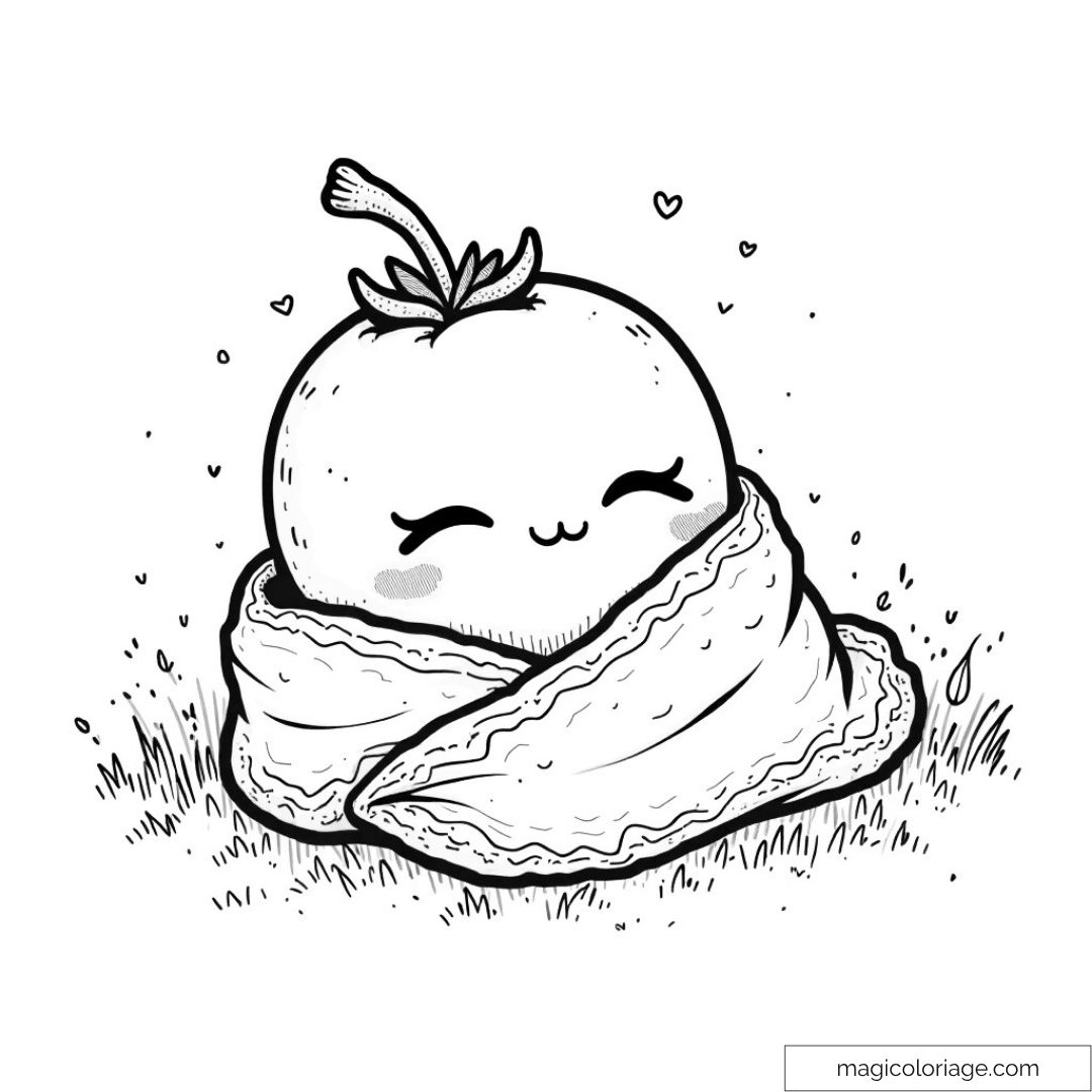 Dessin de tomate kawaii emmitouflée dans une couverture