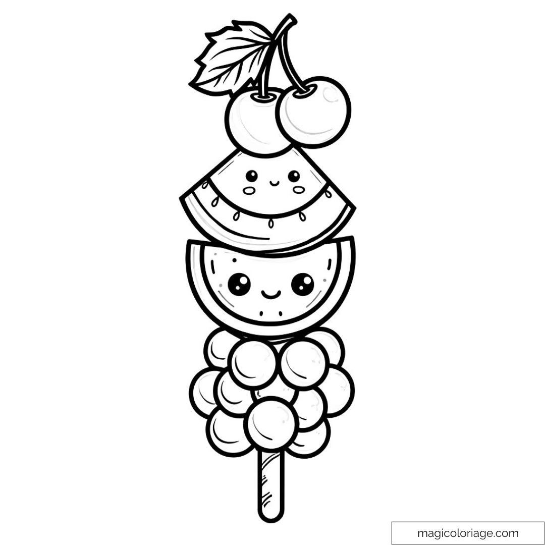 Brochette de fruits kawaii avec pastèques et cerises souriantes