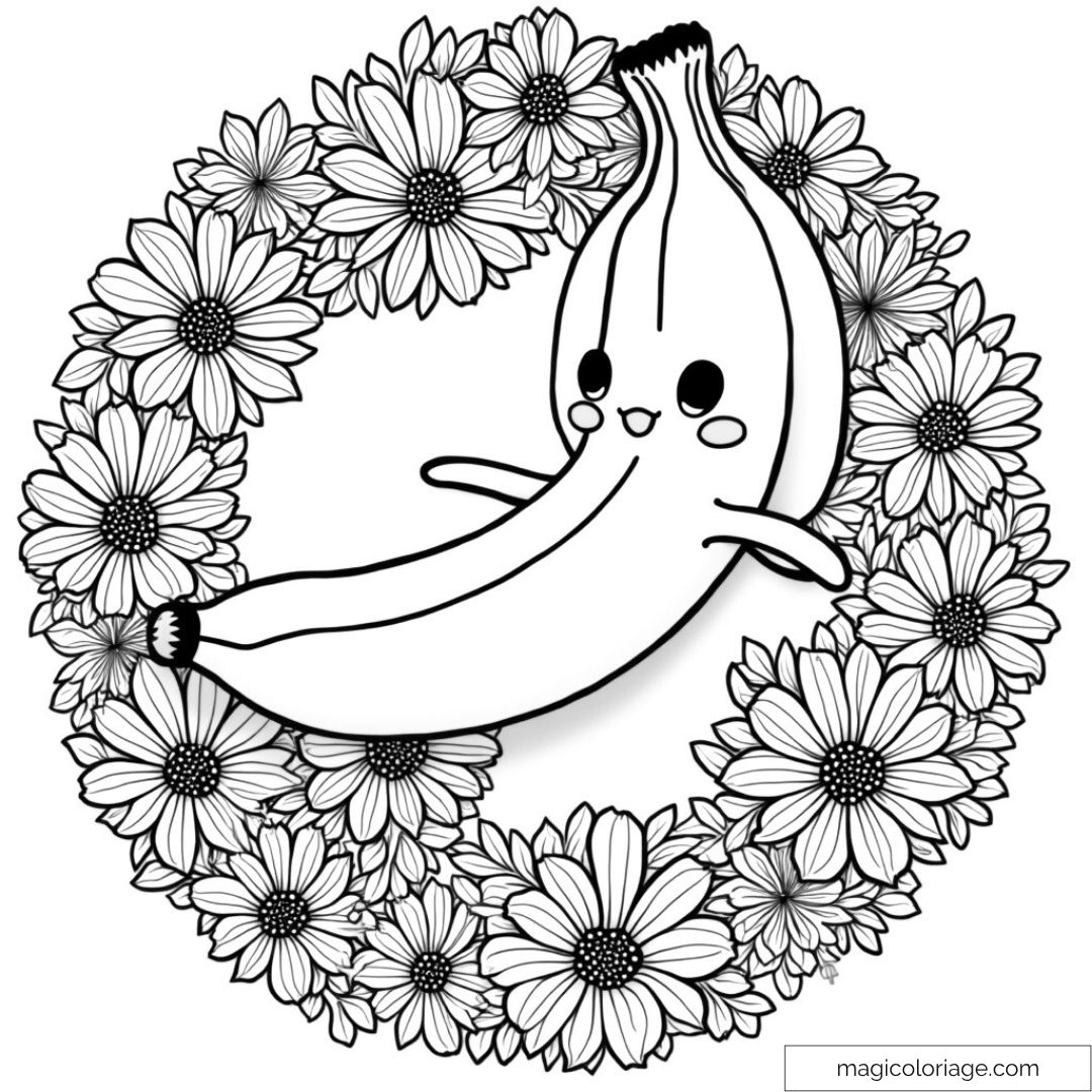 Dessin de banane kawaii au milieu de fleurs décoratives