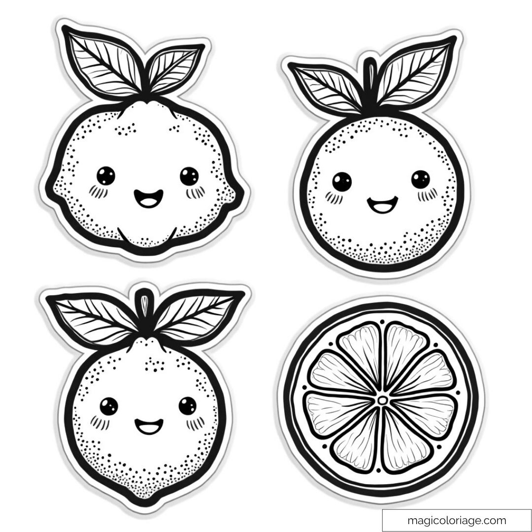Dessin de fruits mignons à colorier : agrumes souriants avec feuilles et tranches
