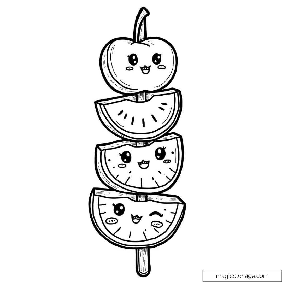 Dessin de brochette de fruits mignons avec visages souriants kawaii.