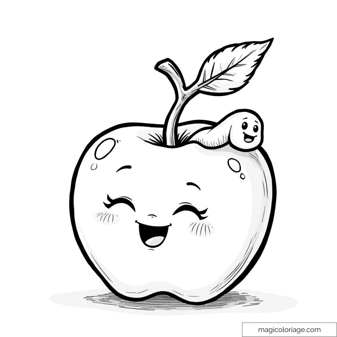 Dessin de pomme joyeuse avec un petit ver - activité de coloriage pour enfants