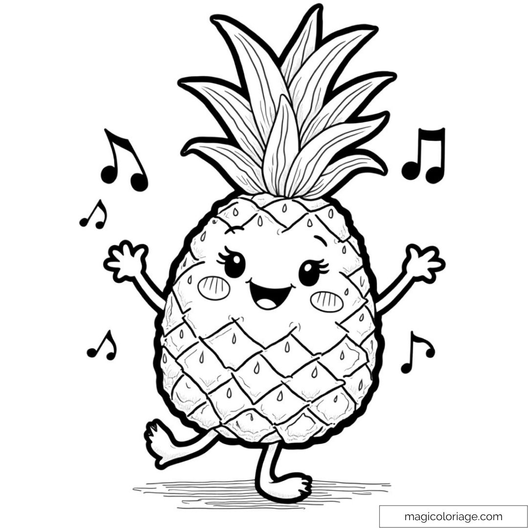 Dessin d'un ananas dansant joyeusement avec des notes de musique flottantes.