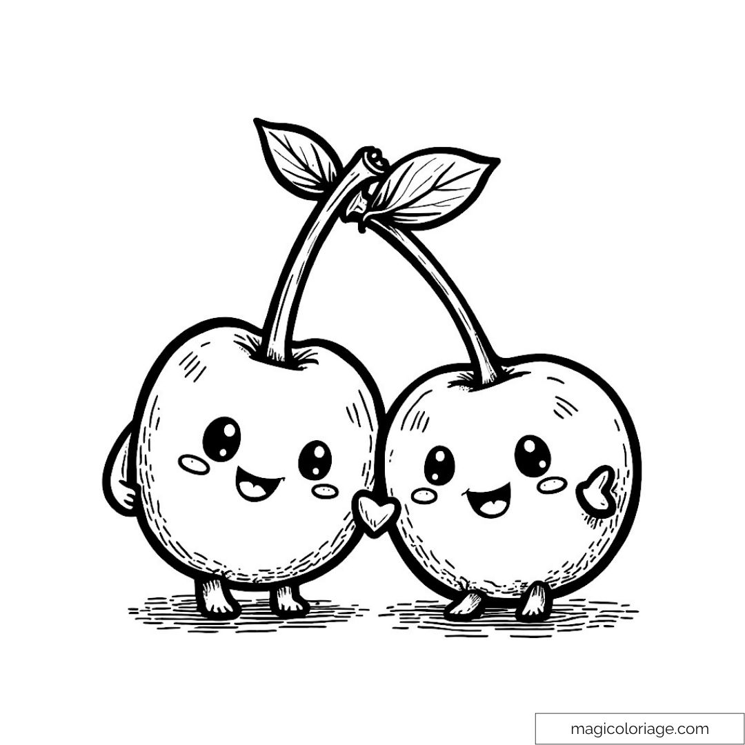 Dessin de cerises mignonnes avec visages souriants et détails kawaii.