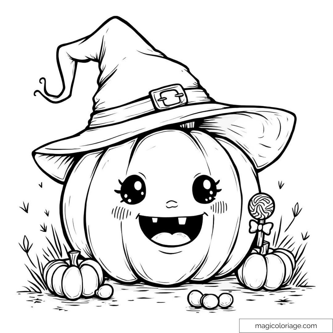 Citrouille mignonne avec chapeau de sorcière et sucette pour Halloween.