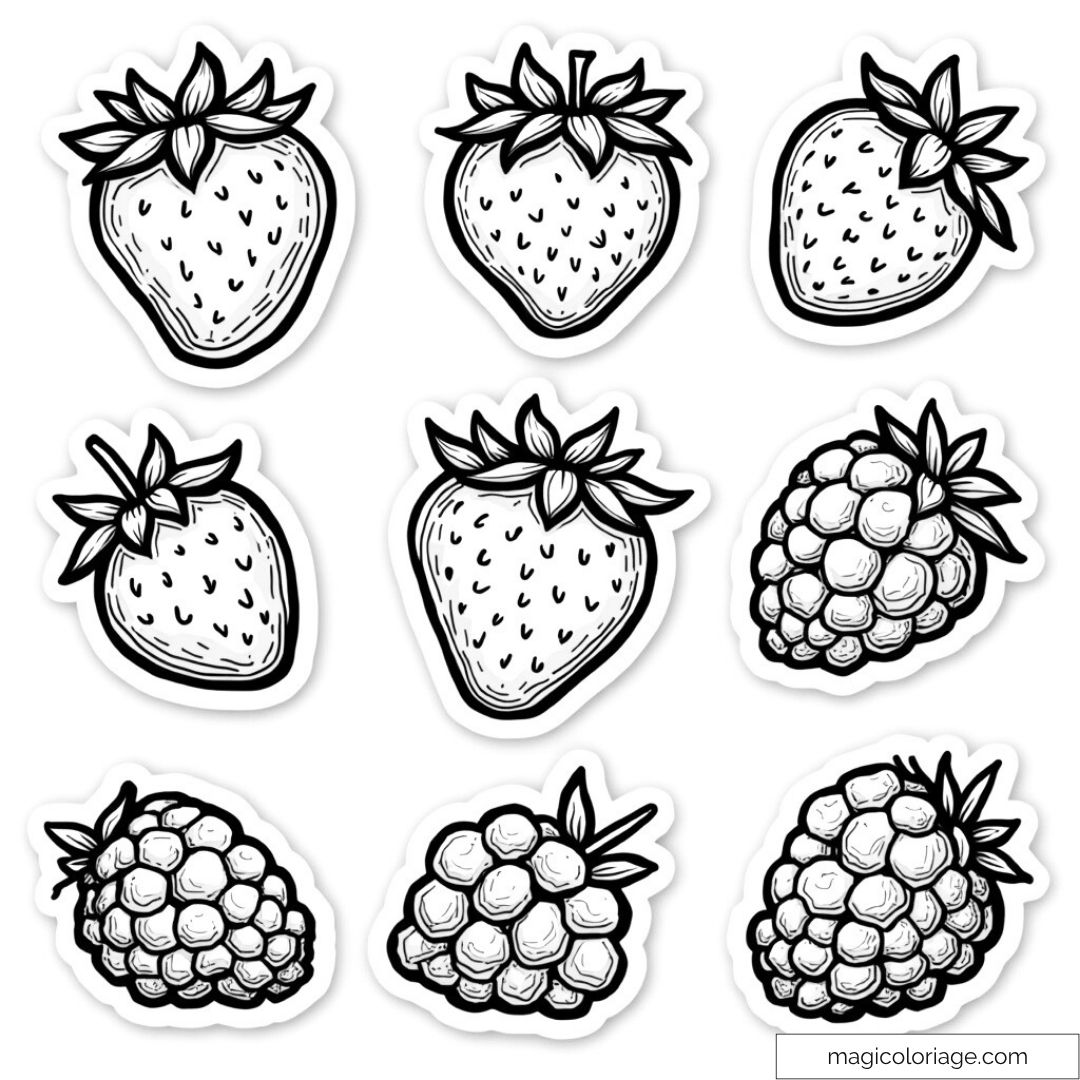Dessin noir et blanc de fraises et framboises à colorier.