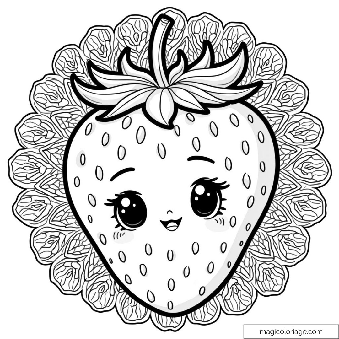 Fraise kawaii mignonne avec grands yeux et motifs mandala
