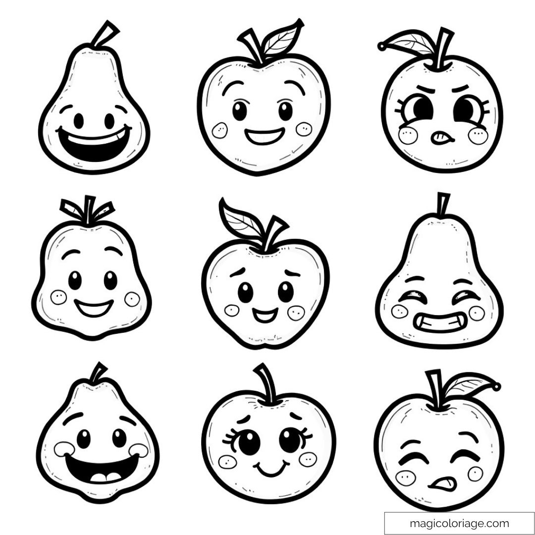 Dessin de fruits rigolos avec des visages souriants pour enfants.