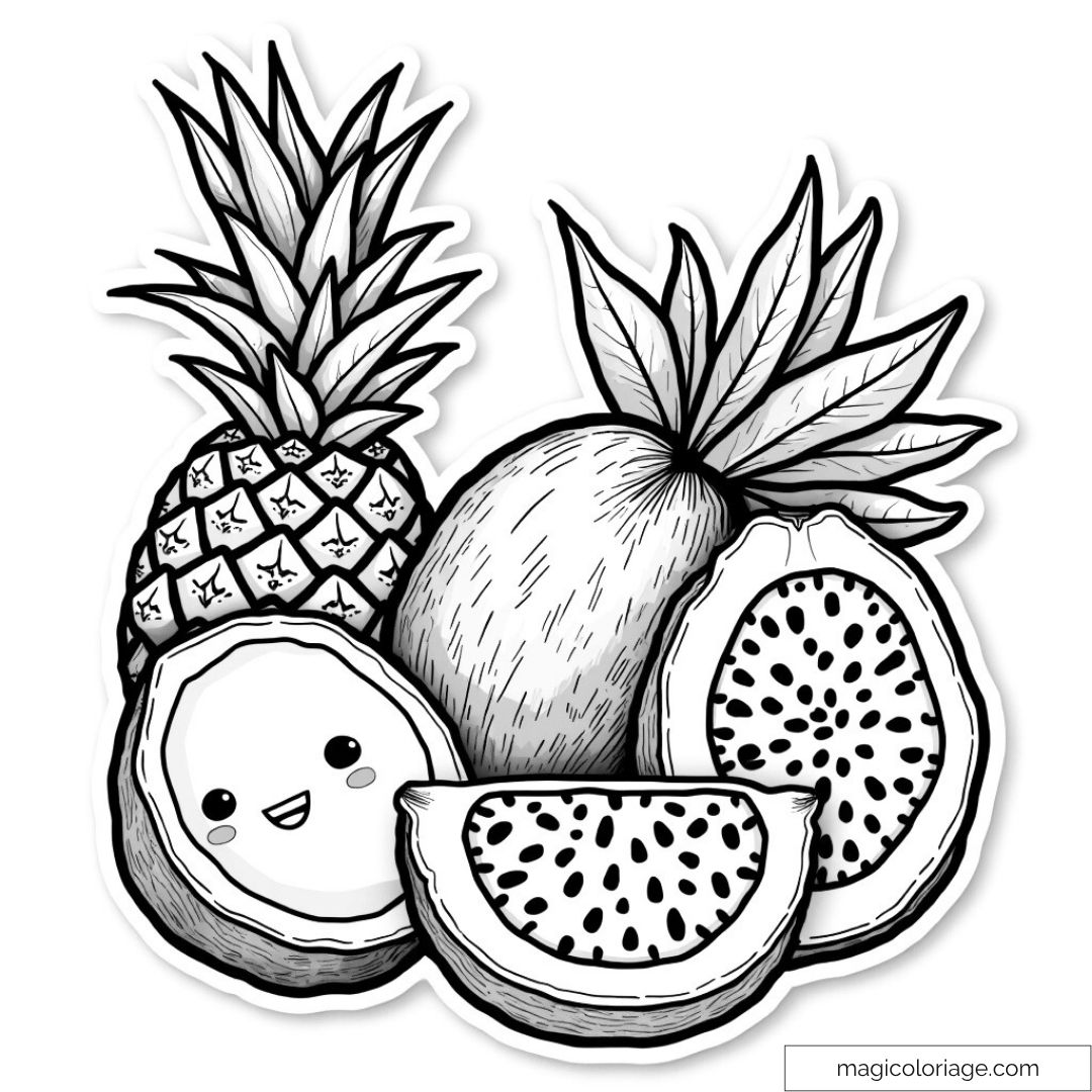 Dessin de fruits exotiques avec visage souriant et tranches.
