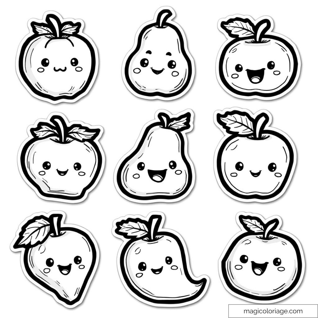 Dessin de pommes et poires kawaii à colorier avec expressions amusantes.