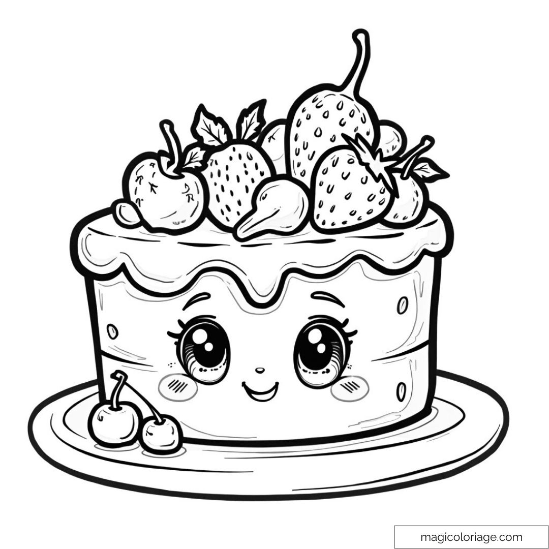 Gâteau kawaii avec fruits et visage souriant à colorier.