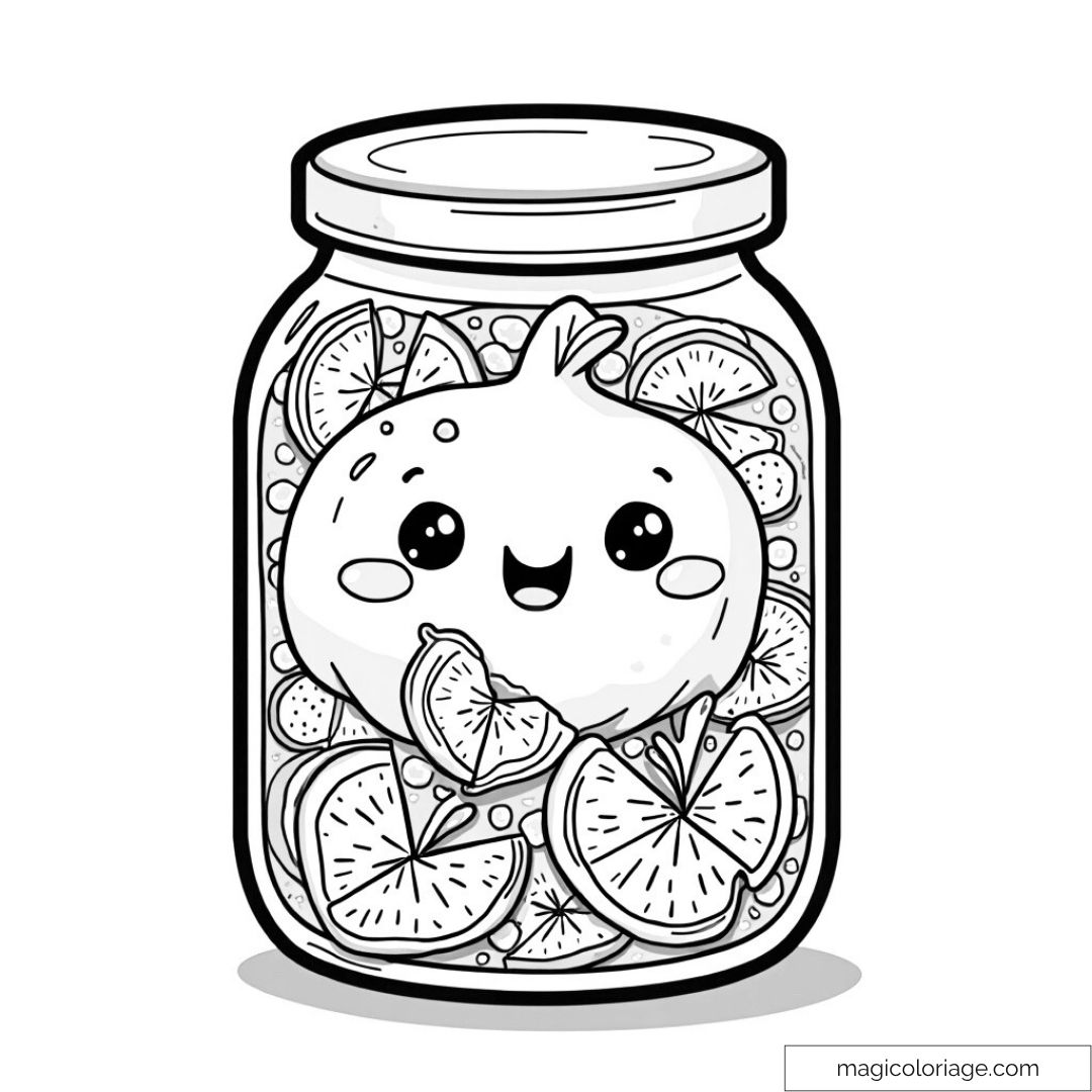 Image d’un bocal rempli de tranches de fruits kawaii souriants