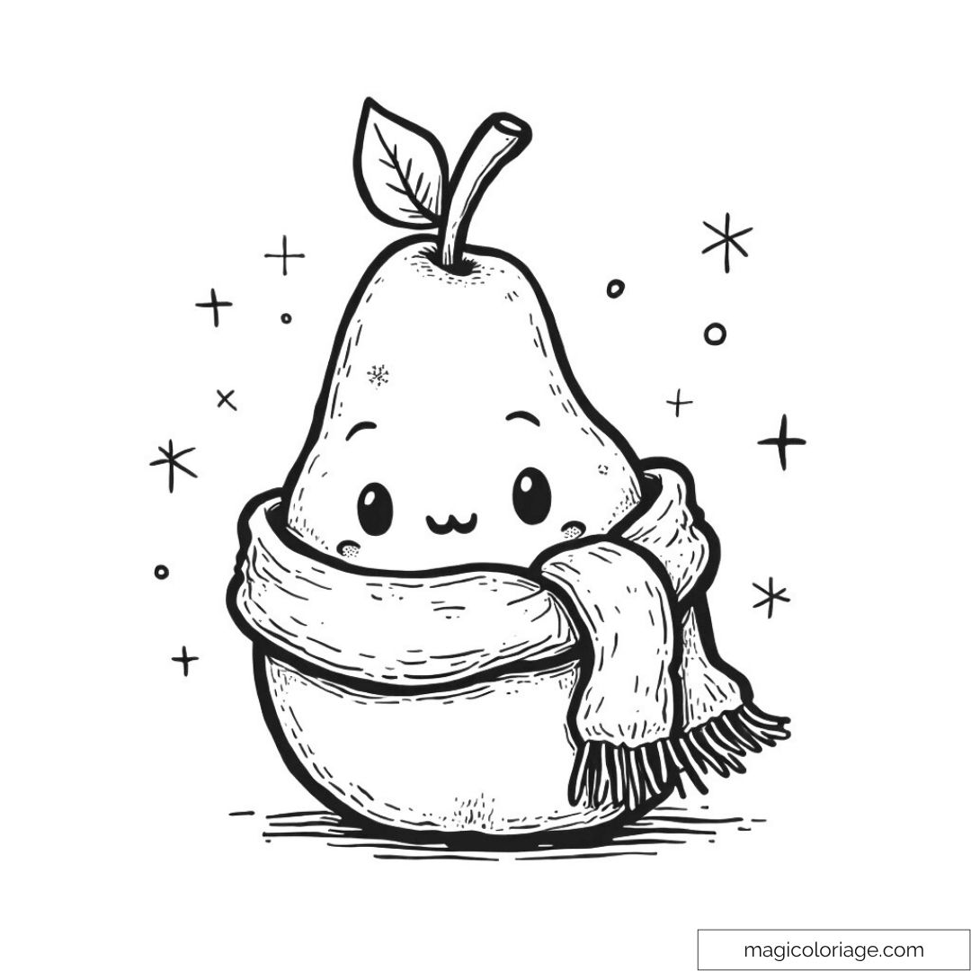 Image d'une poire kawaii avec écharpe et étoiles à colorier.