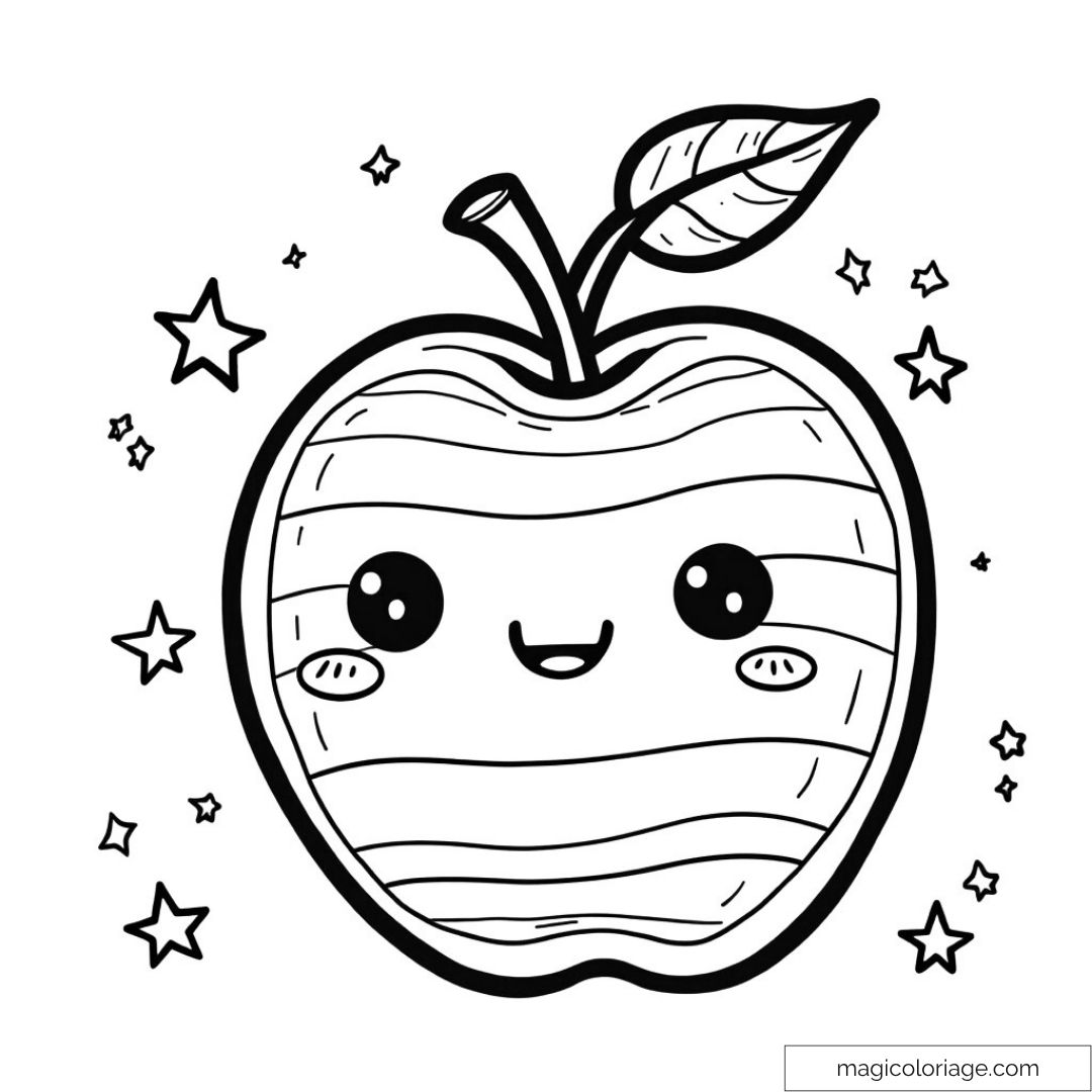 Pomme kawaii à colorier entourée d'étoiles.