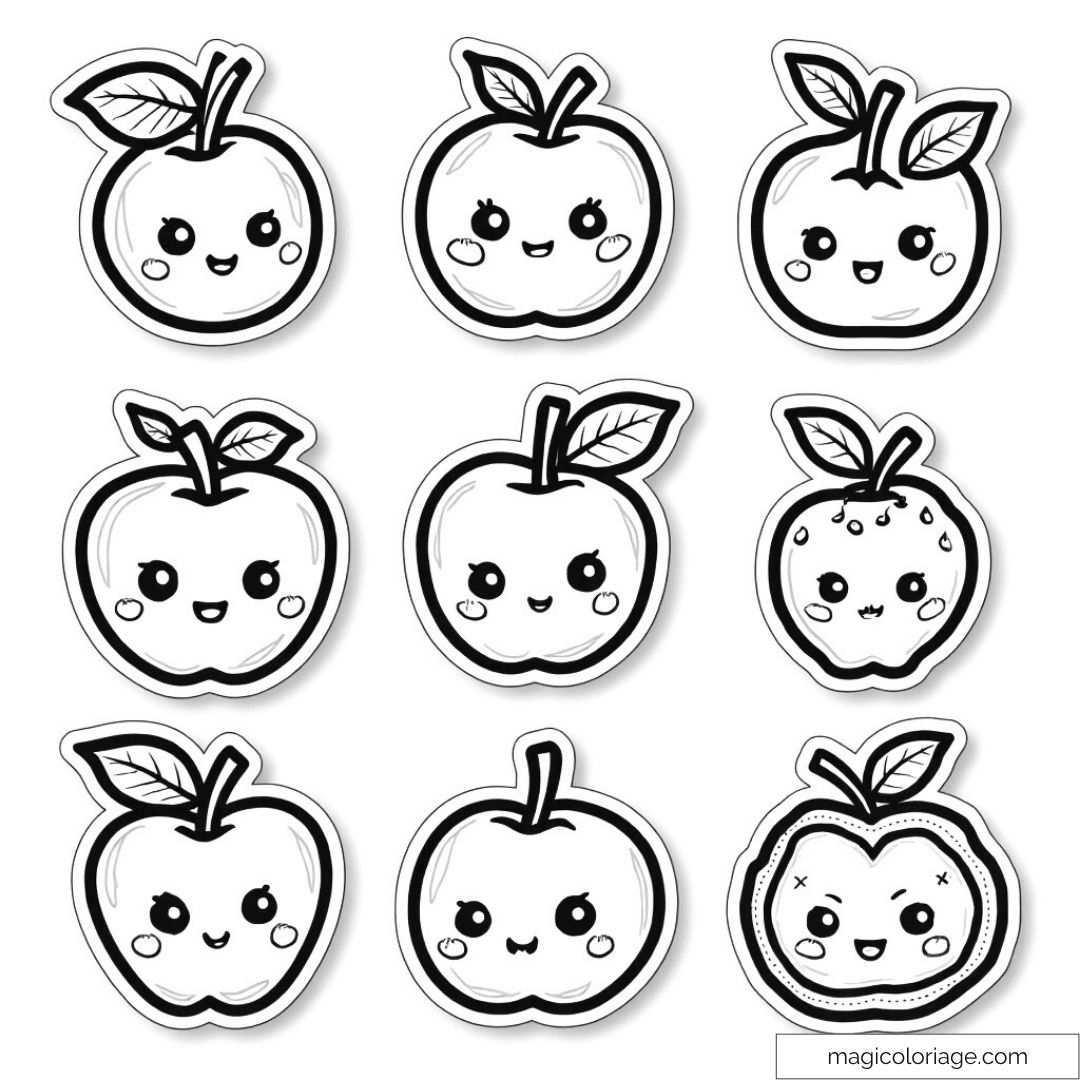 Dessin de pommes kawaii souriantes pour coloriage amusant.