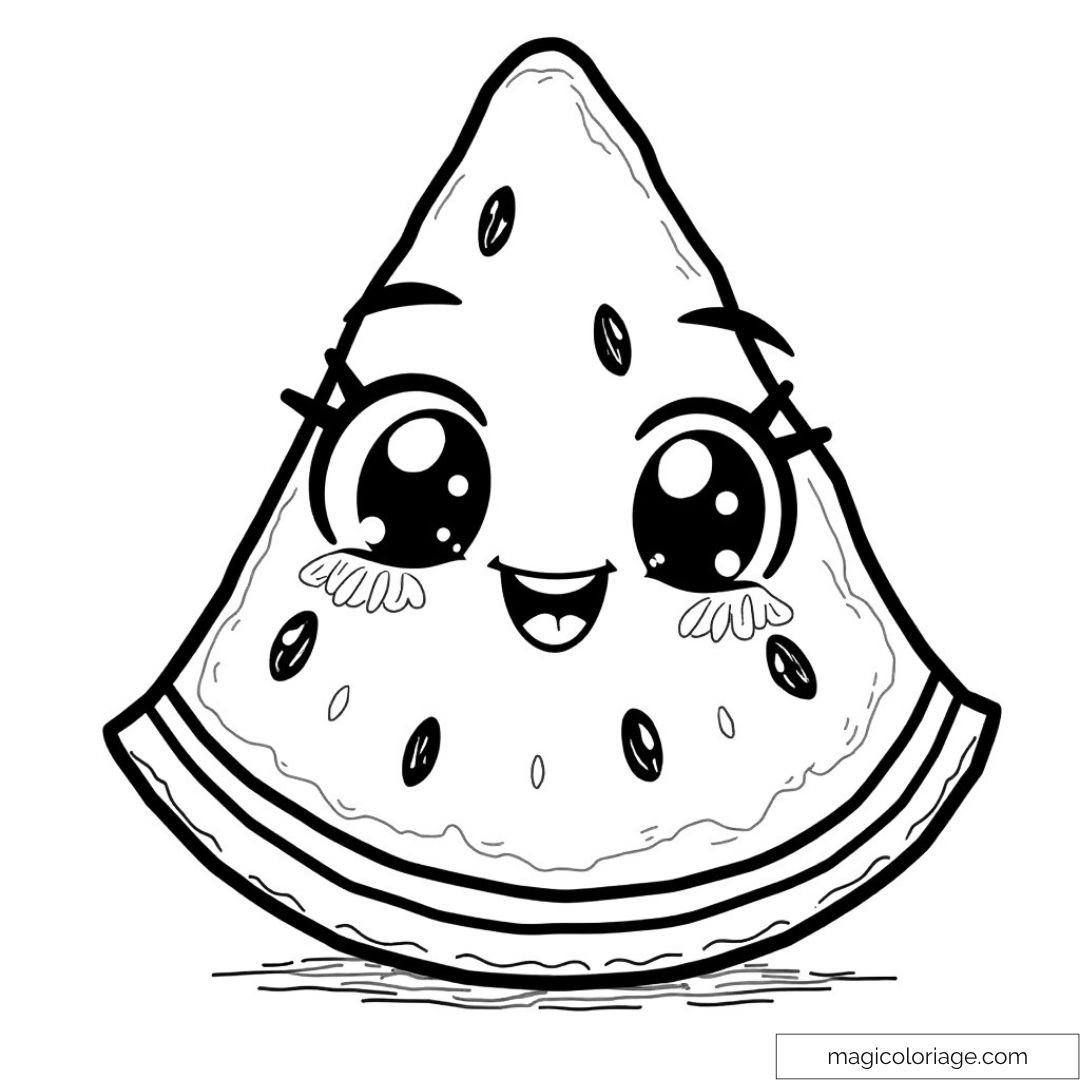 Tranche de pastèque kawaii souriante à colorier