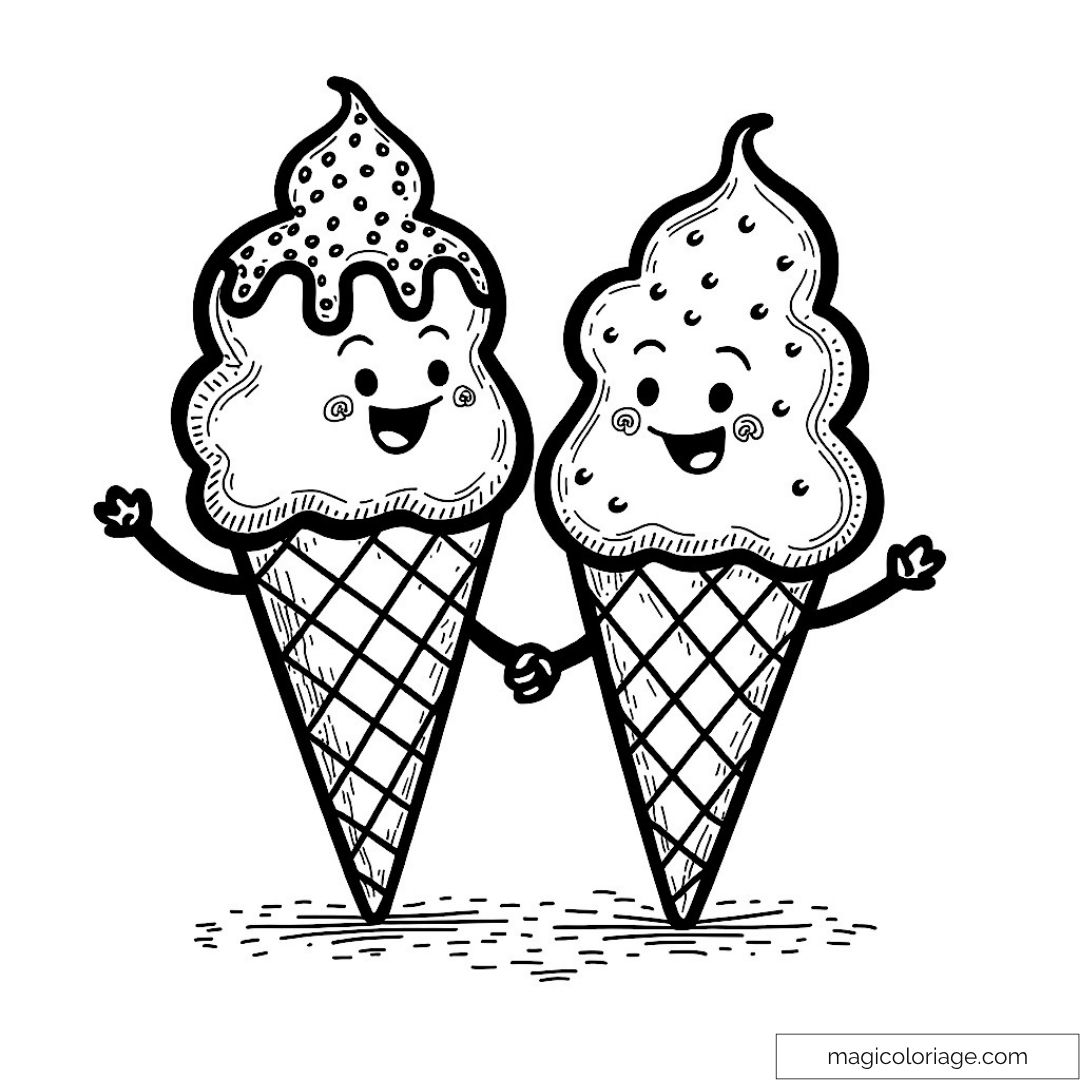 Deux cornets de glace souriants se tenant par la main