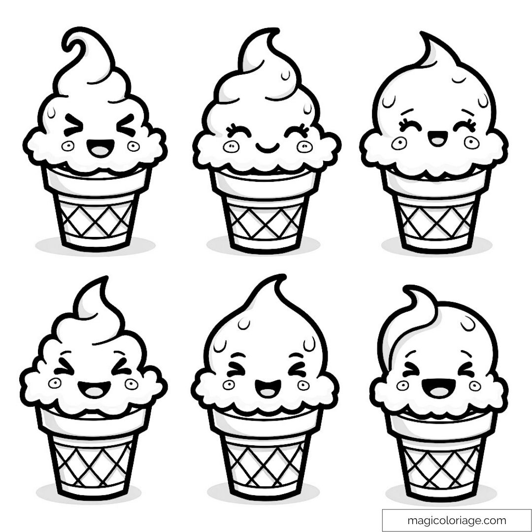 Six glaces kawaii avec des expressions amusantes