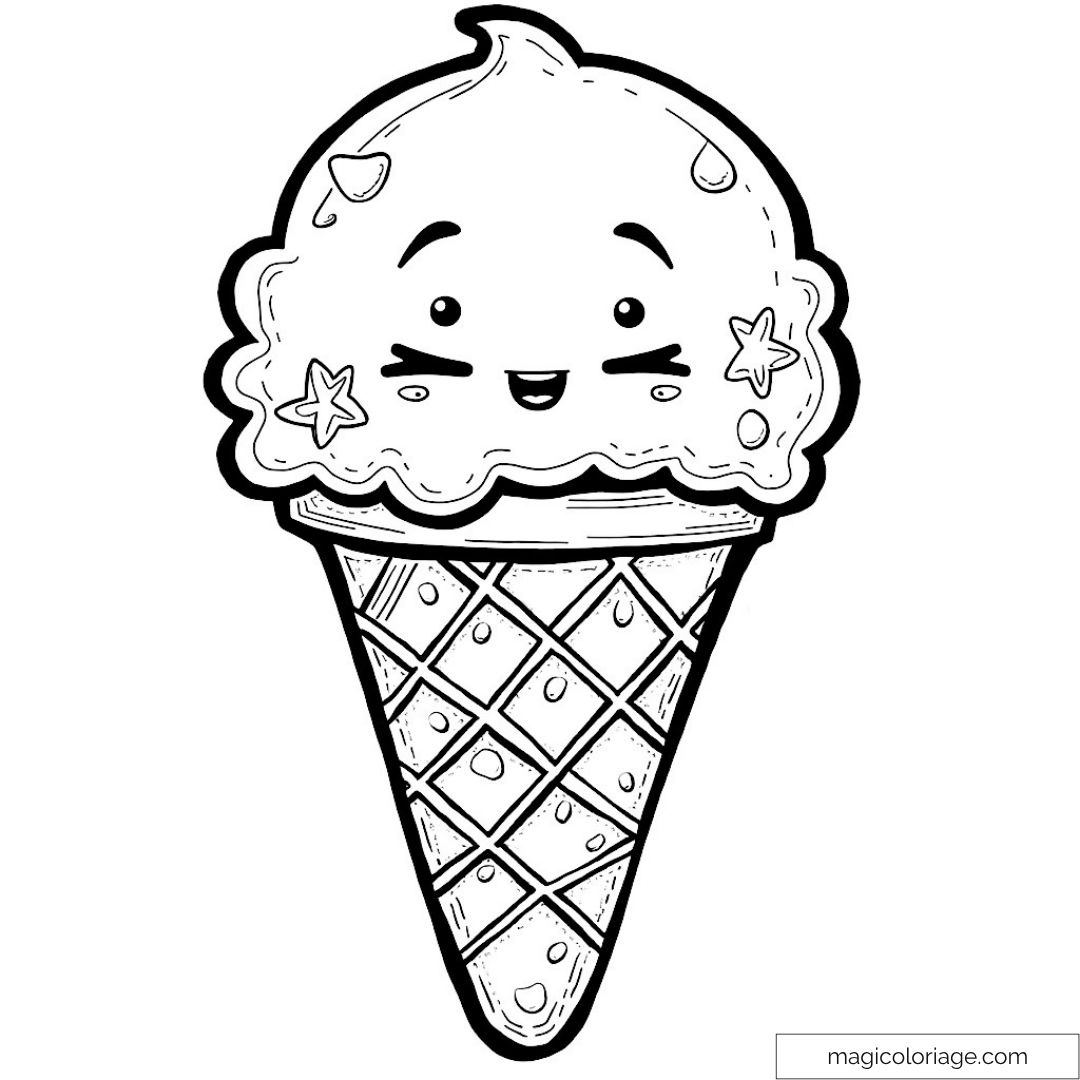 Dessin de cornet de glace kawaii avec visage expressif
