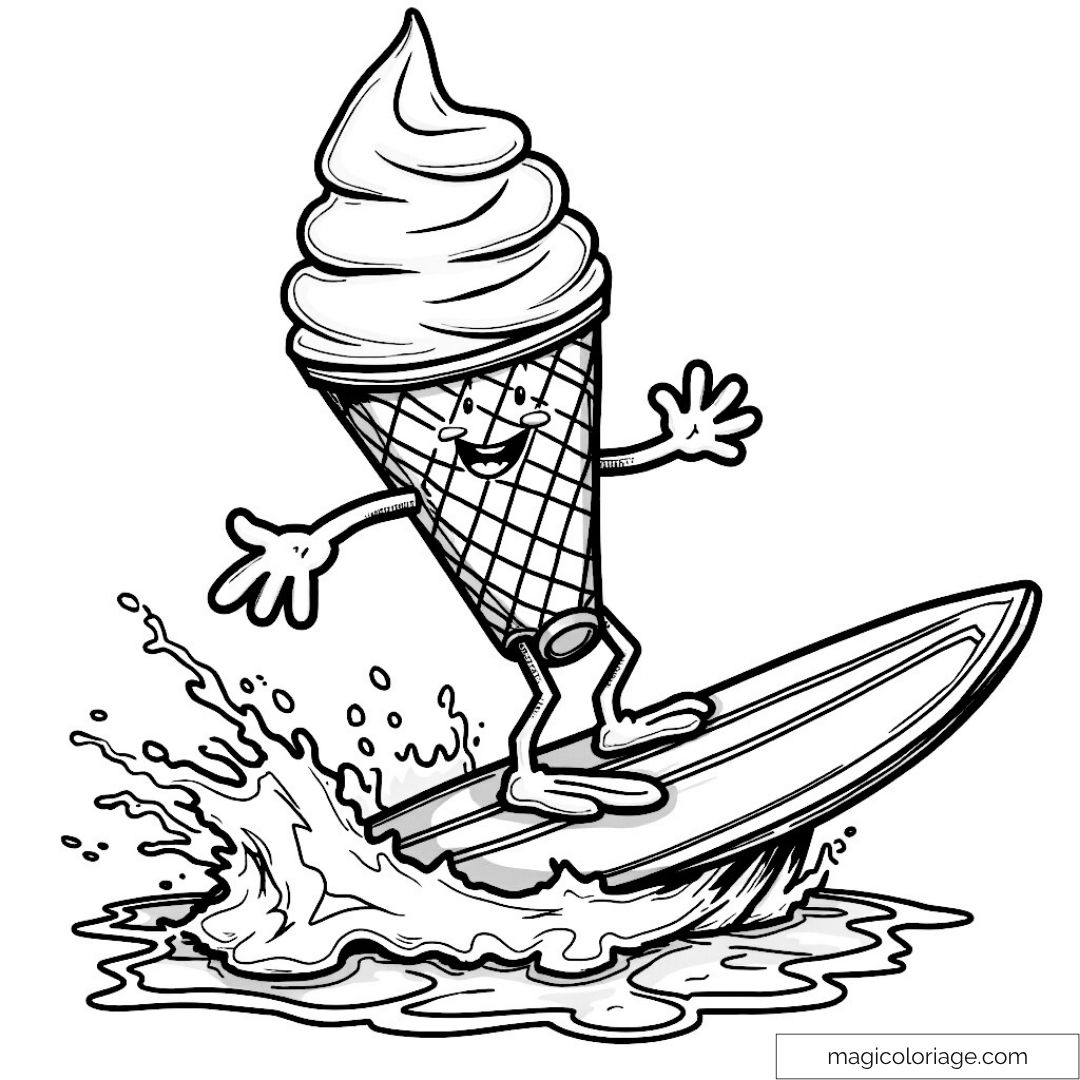Cornet de glace sur planche de surf sur une vague
