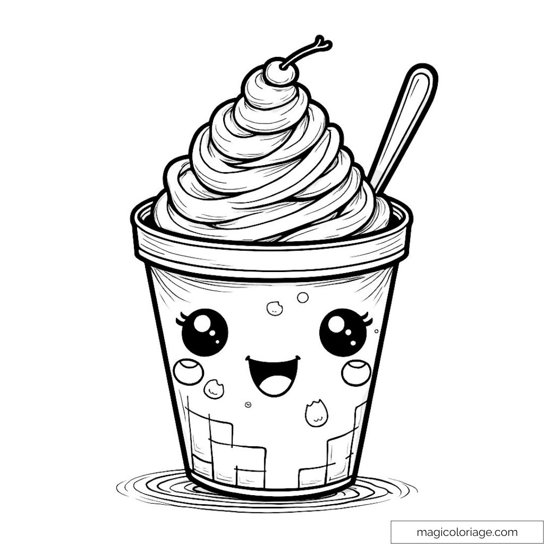 Dessin d'une coupe glacée avec visage mignon et détails kawaii.