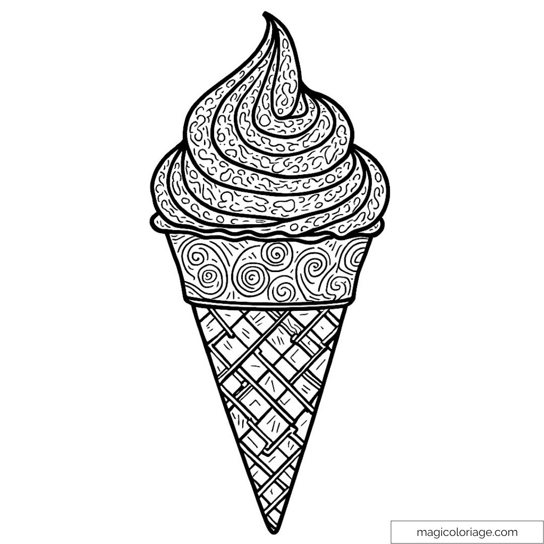 Image à colorier d'un cornet de glace avec des motifs artistiques
