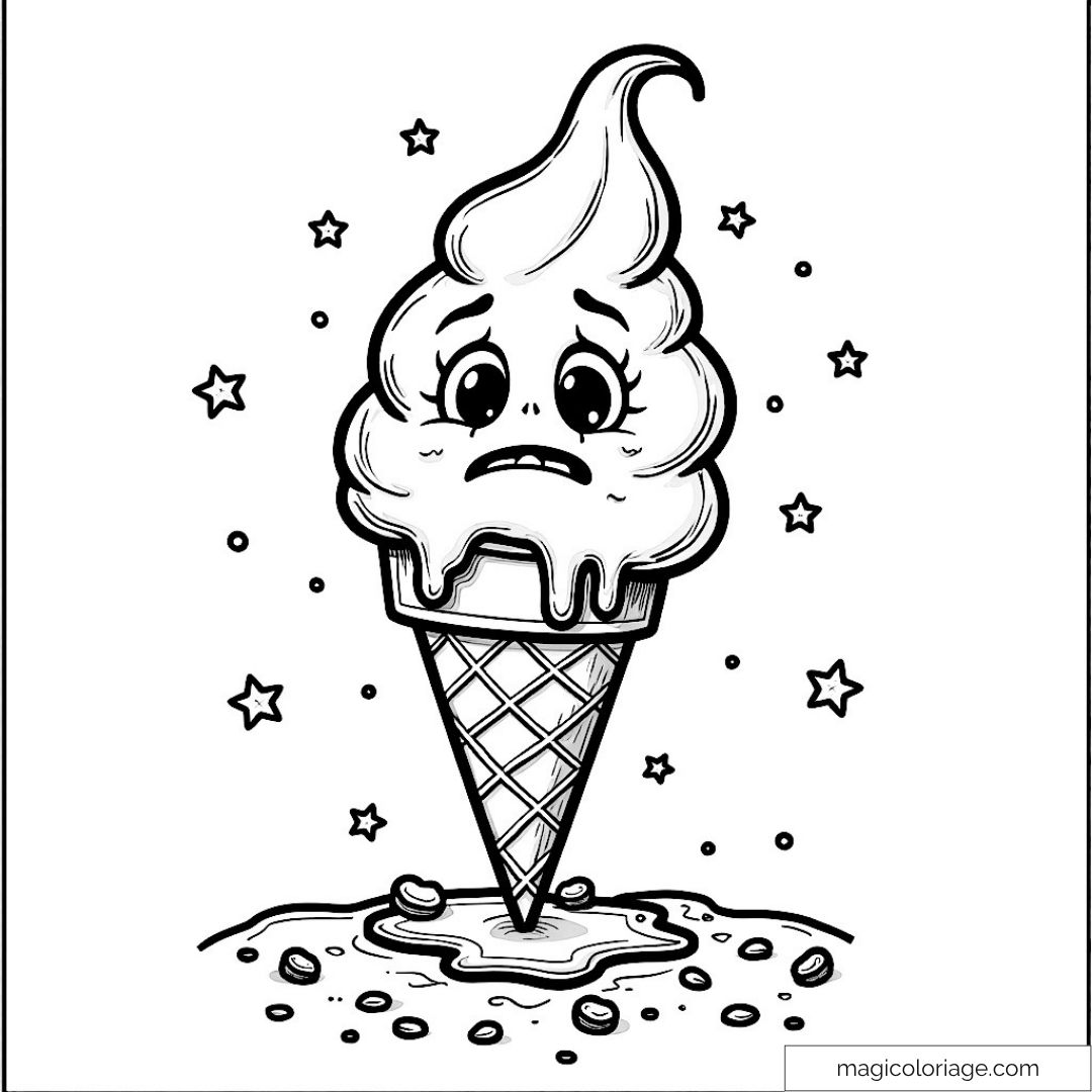 Dessin d'une glace fondante et triste avec étoiles autour
