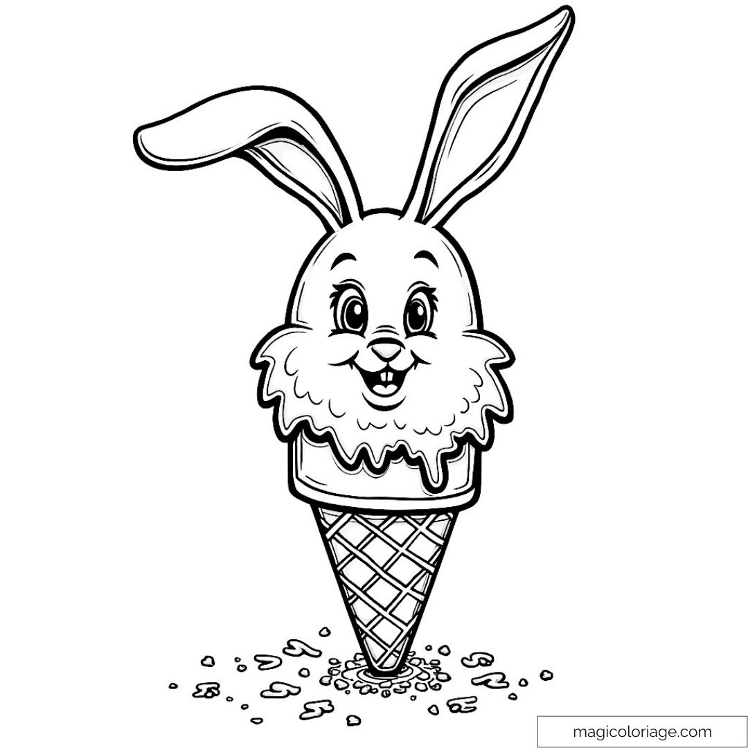 Dessin d'un cône de glace avec une tête de lapin amusant et joyeux.