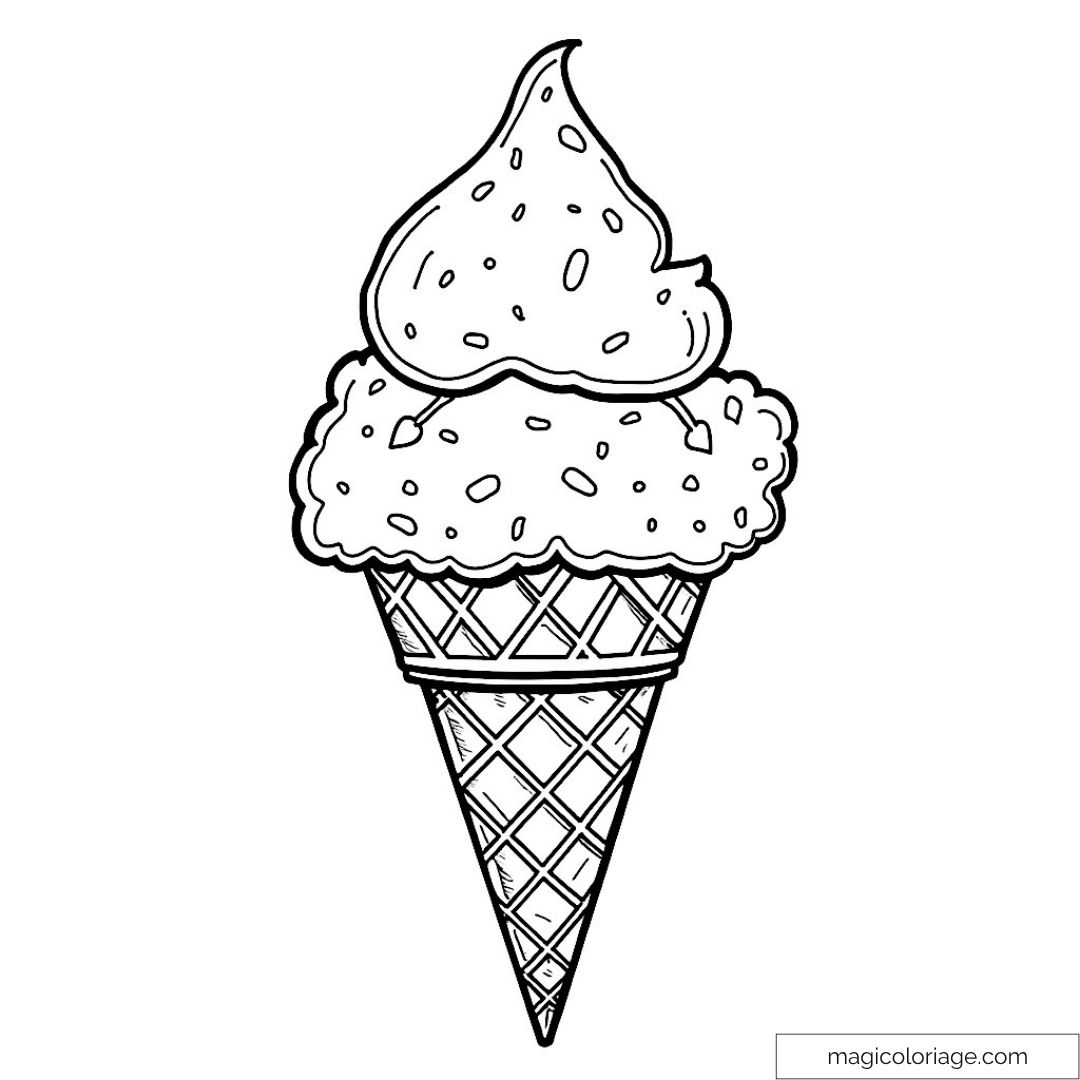 Dessin noir et blanc d'une glace en cornet avec des détails.