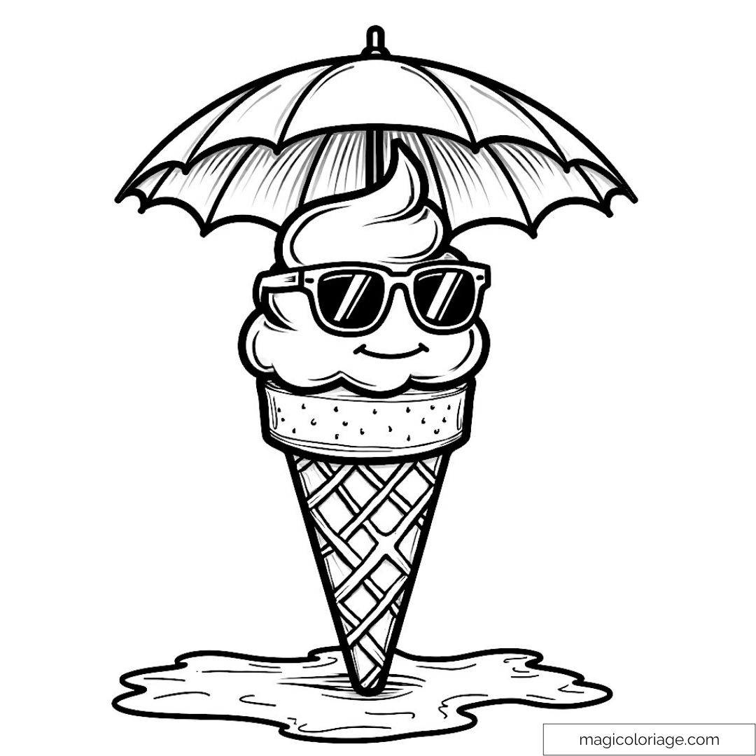 Glace en cornet avec lunettes de soleil et parapluie pour coloriage