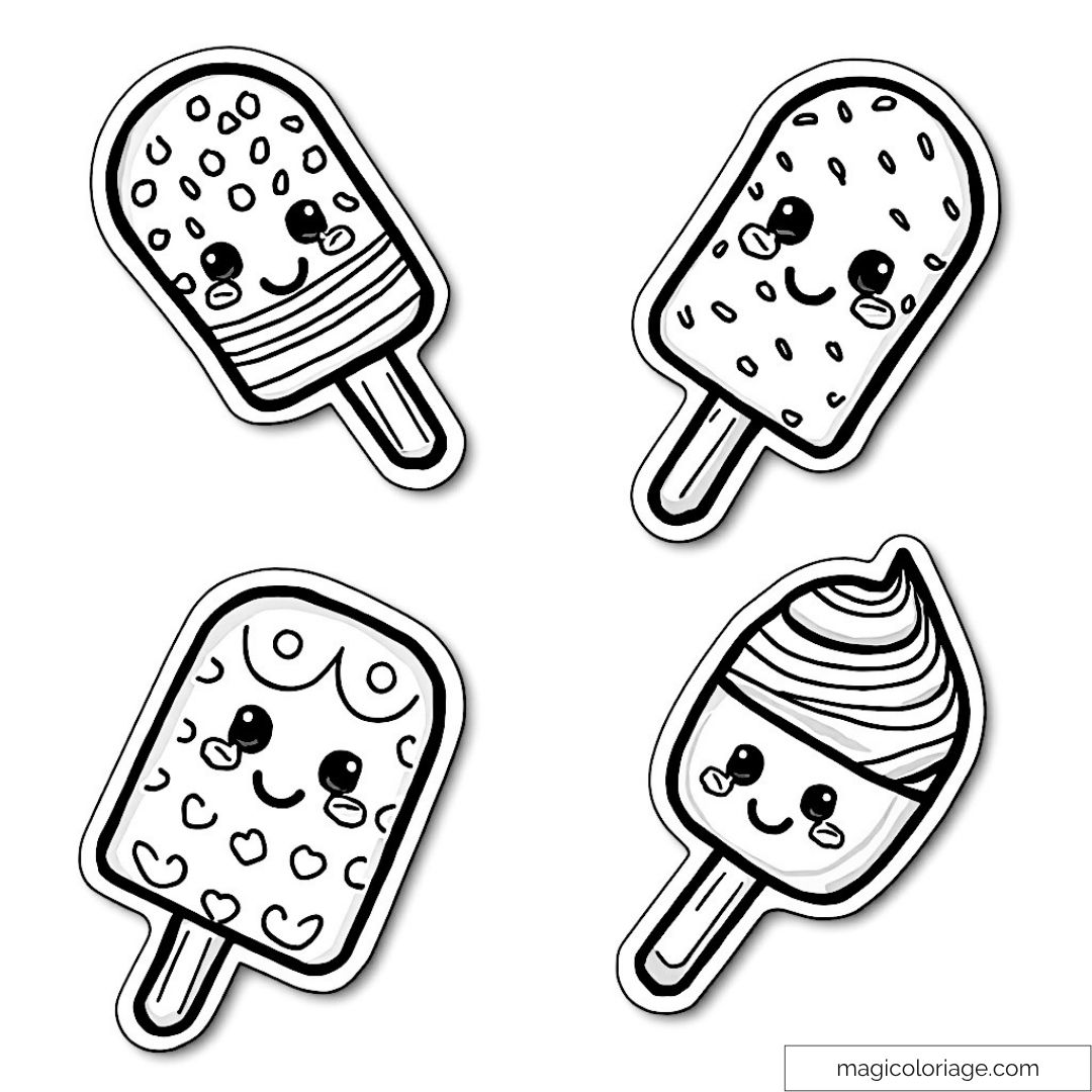 Quatre glaces kawaii avec visages souriants pour coloriage créatif.