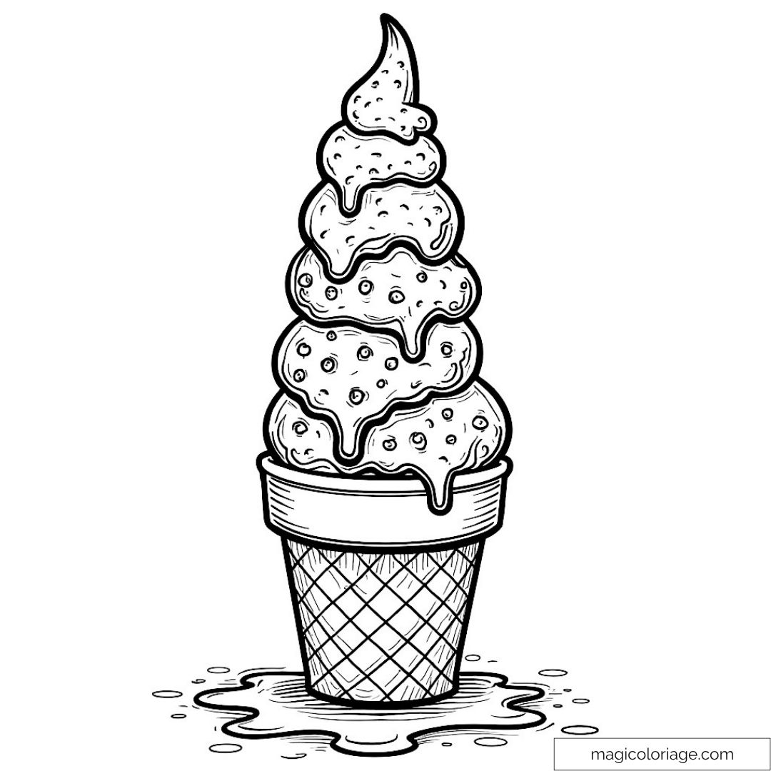 Dessin à colorier d'un cornet de glace appétissant qui fond