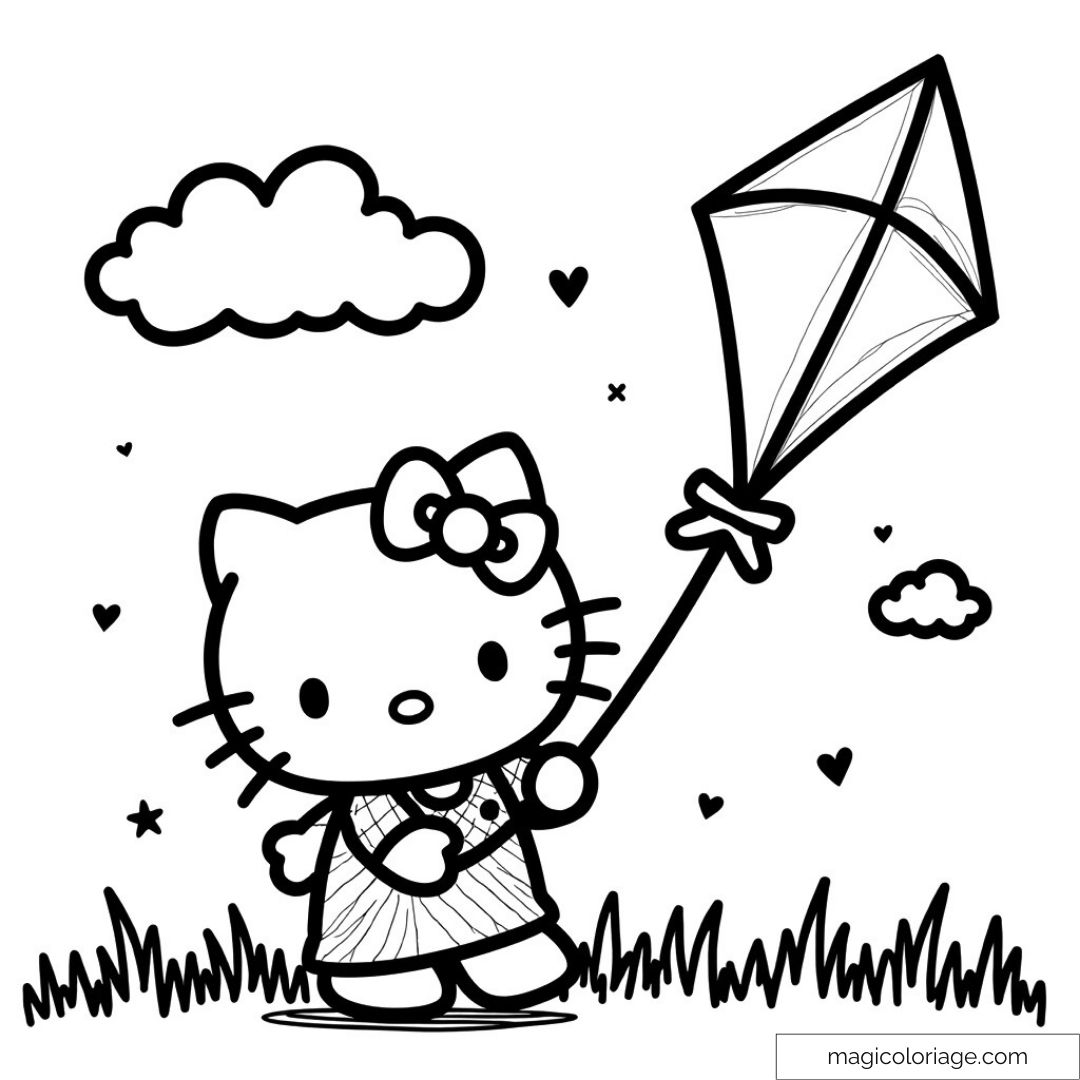 Coloriage Hello Kitty avec cerf-volant dans un champ