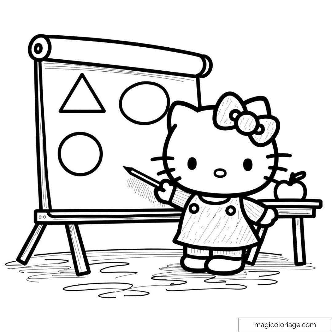 Hello Kitty devant un tableau avec des formes géométriques