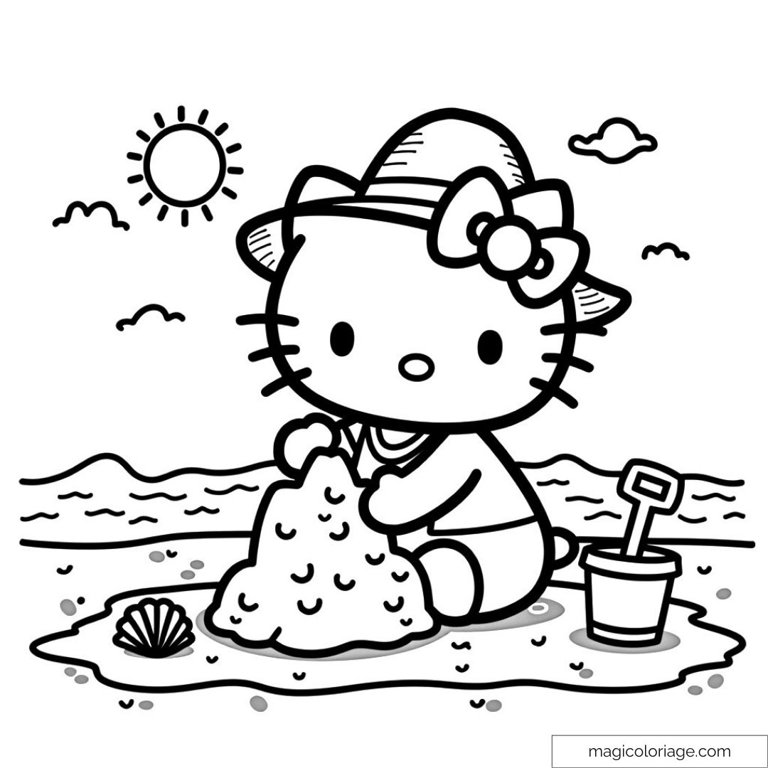 Dessin de Hello Kitty à la plage avec château de sable